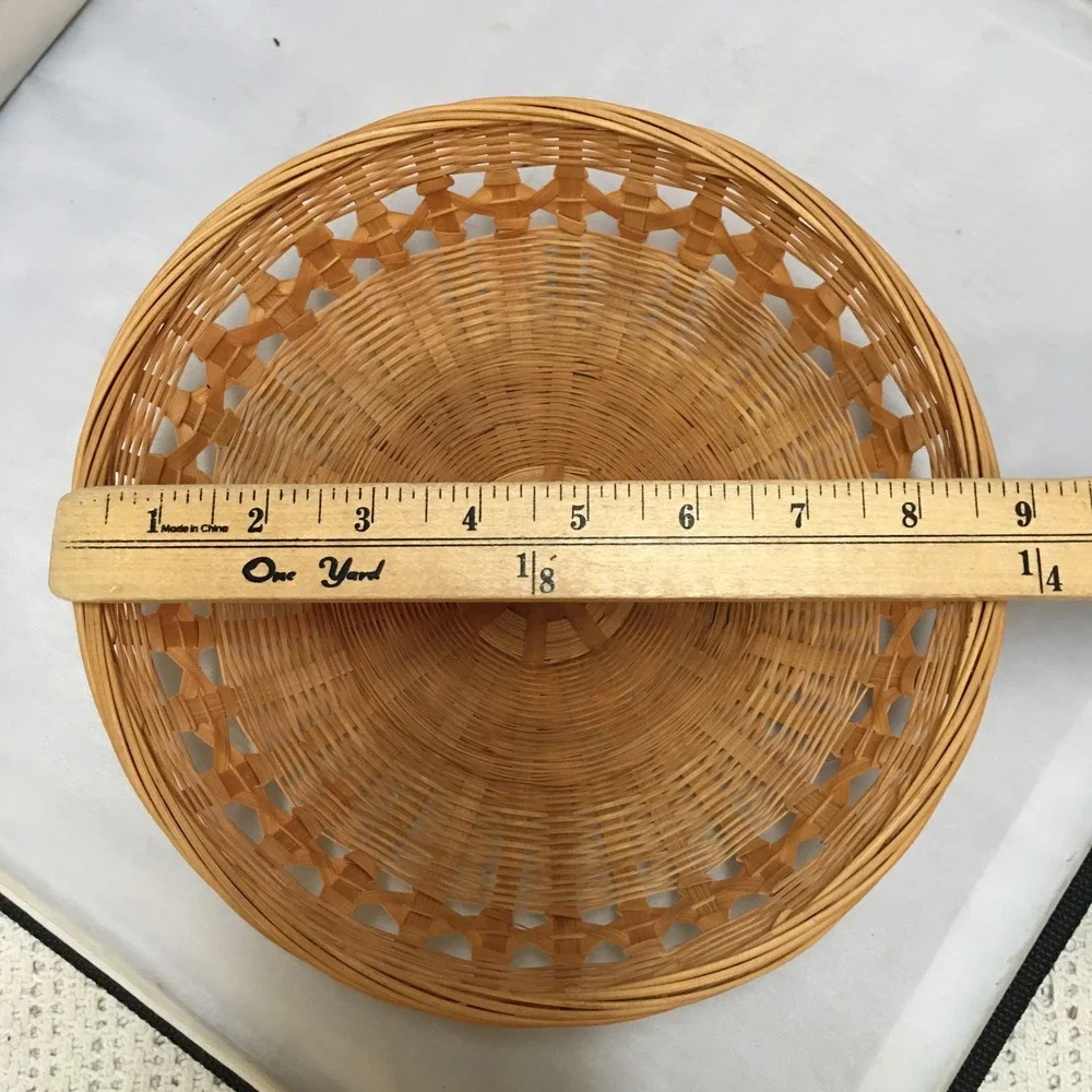 Woven Wicker Basket 8.5in Tan Round Lattice Boho Decor Cottagecore Beach Coastal